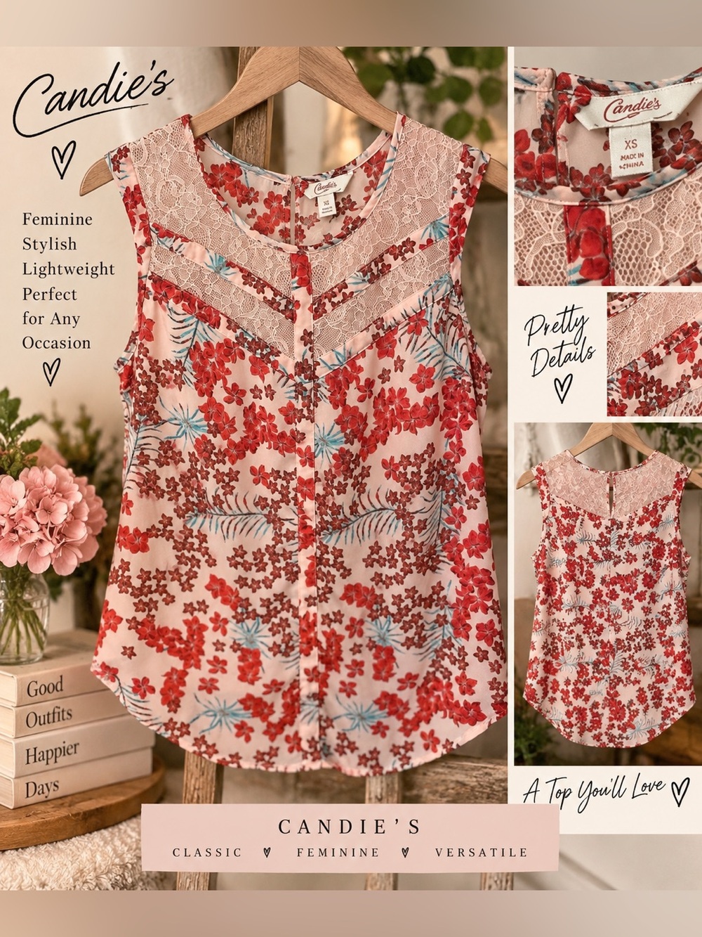 Candie's Red Floral Lace-Trim Sleeveless Top
